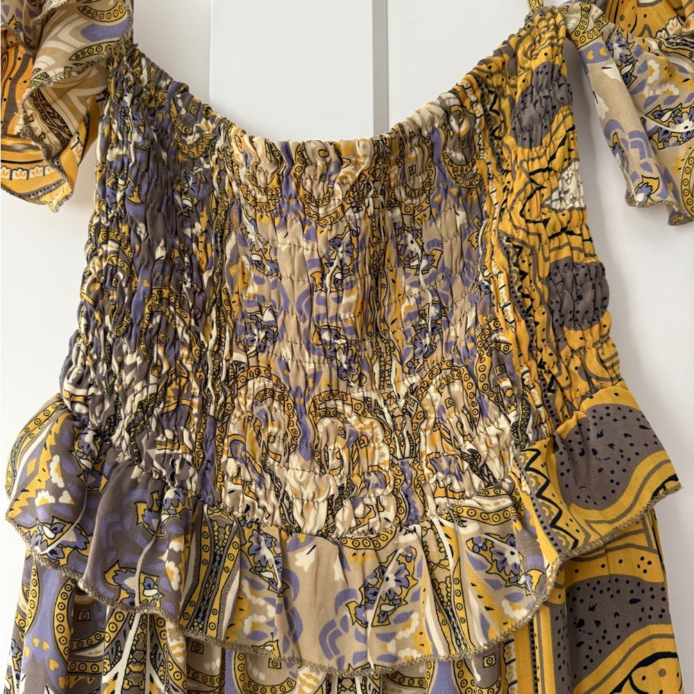 Yellow Paisley Off Shoulder Boho Maxi Dress sz M Festival Indie Airy Celestial - Picture 3 of 9